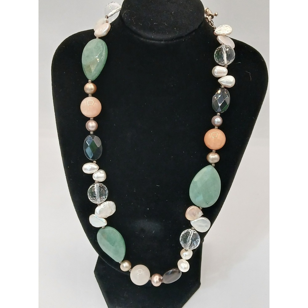 Polished Multi-Type Stone Bohemian Statement Artisanal Necklace Amazonite Onyx